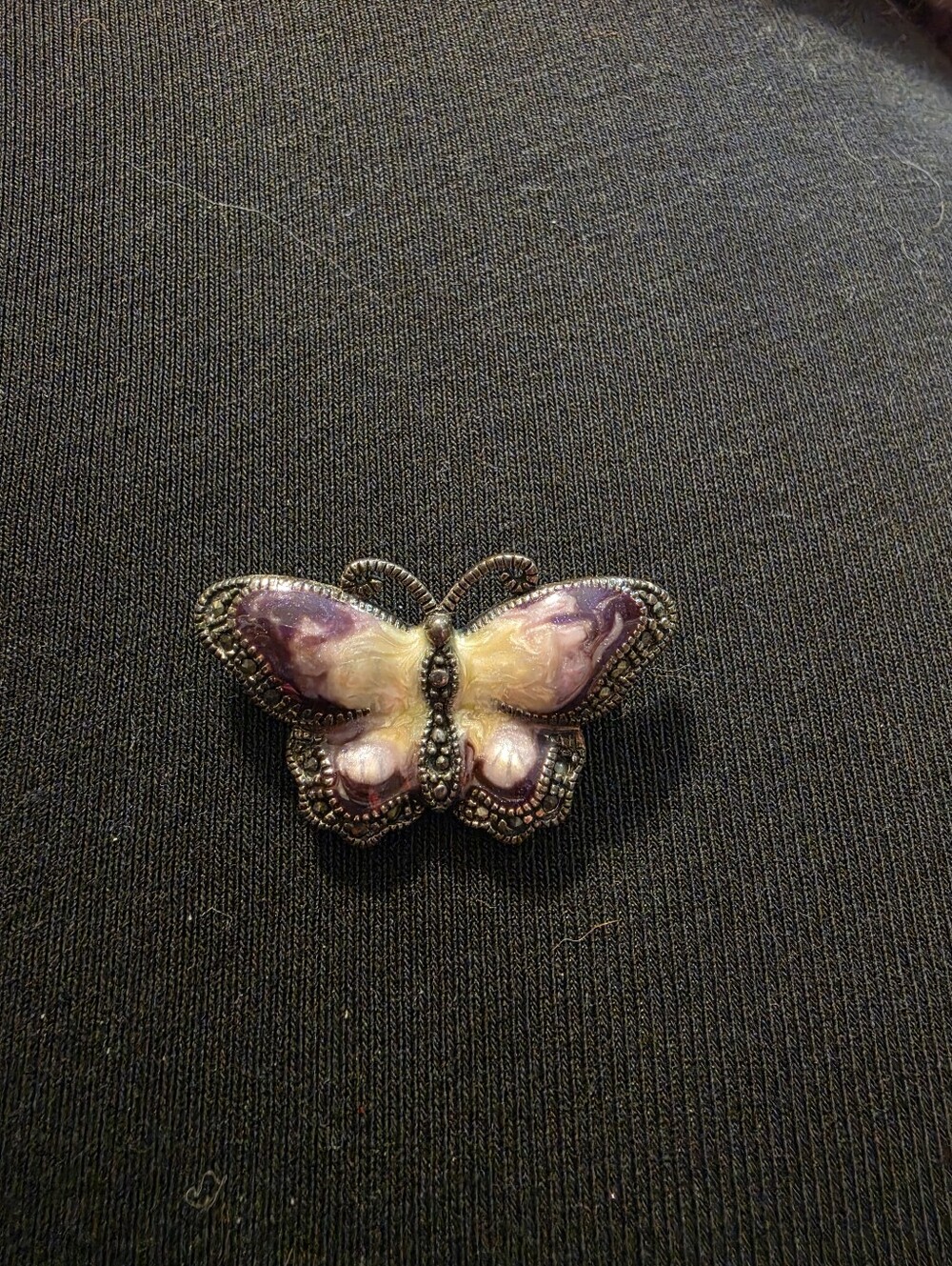 Butterfly Brooch Pin in Purple and Cream